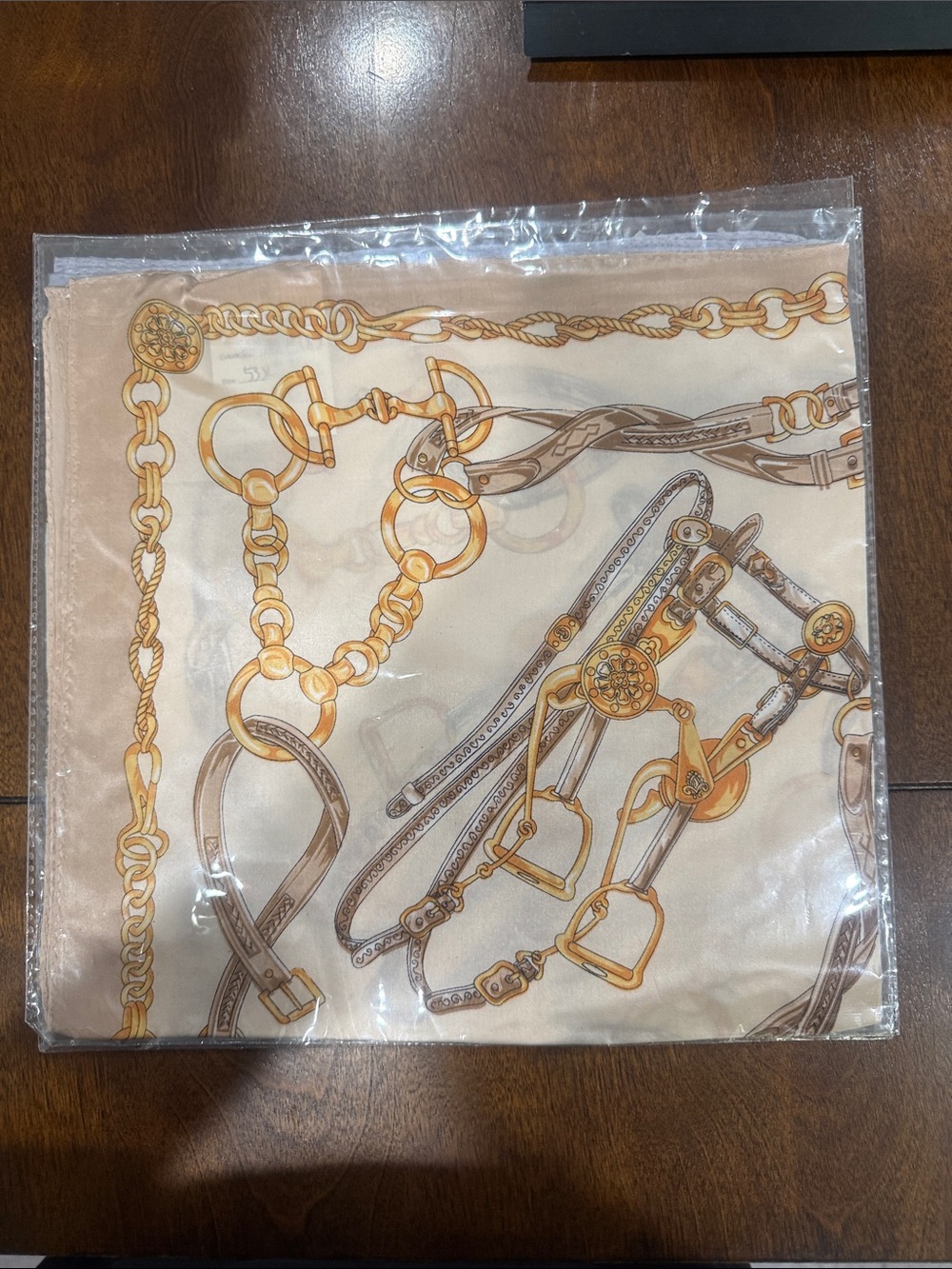 Silk-Feel Beige and Gold Chain Print Scarf - Women Accessories